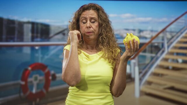 Woman holds yellow piggy bank, hand to face on cruise ship deck by railing and stairs in building; retirement concern.