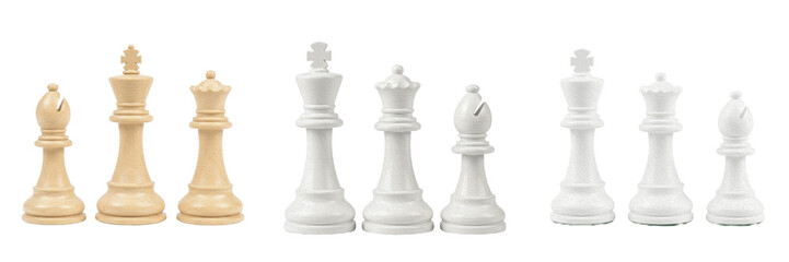 Set and collection of white wooden chess pieces isolated on white background © trophyman