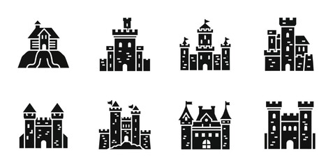 8 Castle silhouette icons medieval fortress towers, solid black style, architecture history set © pixostudio