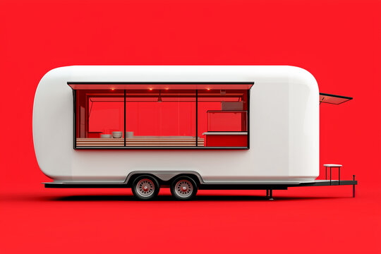 Modern white food truck trailer mockup with glass window isolated on a vibrant red background. Minimalist mobile cafe or fast food kiosk concept for street food branding