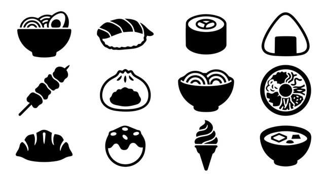 Japanese and Korean Food Silhouette Icon Set &ndash; Ramen, Sushi, Bibimbap, Udon and Asian Dishes