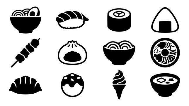 Japanese and Korean Food Silhouette Icon Set &ndash; Ramen, Sushi, Bibimbap, Udon and Asian Dishes