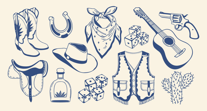 Hand drawn wild west cowboy elements collection.  Retro symbols. Blue outline illustration.