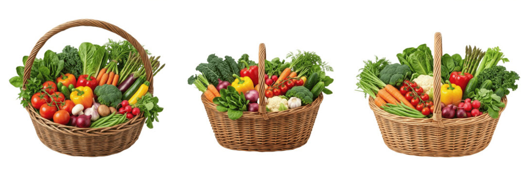 Set and collection of fresh fruit and vegetable basket isolated on white background