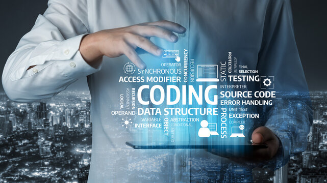 A software developer interacts with advanced technology to illustrate key coding concepts, emphasizing data structures and software testing in a contemporary business setting. Tessel