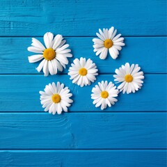 Obraz premium Flowers on Blue Wooden Surface Create a Simple and Bright Display for Decoration or Use in Crafts