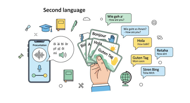 Multilingual communication concept with language learning tools and speech bubbles