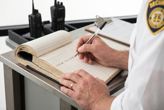 Security guard hands using a pen to write an all clear log entry in a large registry book on a desk