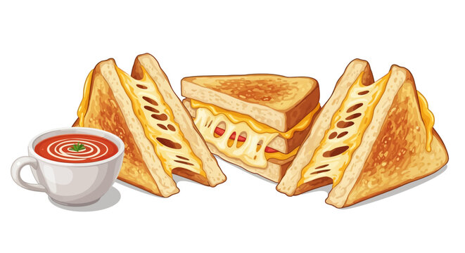 Delicious grilled cheese sandwiches and tomato soup on a white background