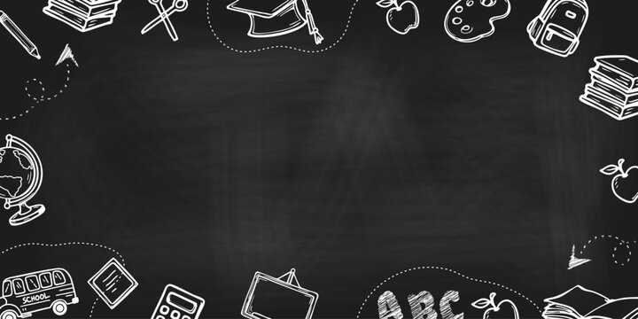 Blackboard background with hand drawn school doodles including books, globe, backpack, bus, and graduation cap. Ideal for education banners, classroom posters, and learning themes.