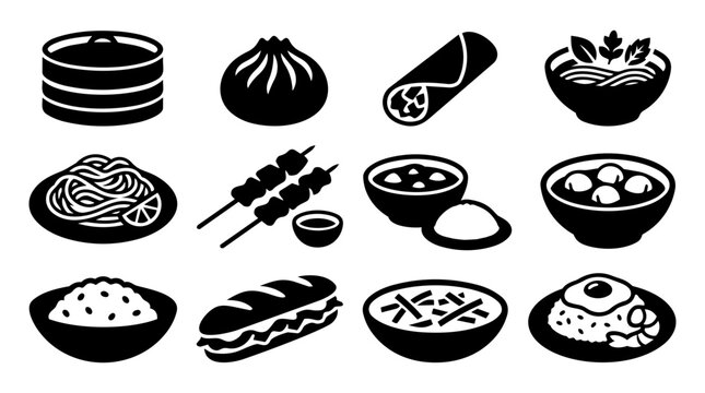 Chinese and Southeast Asian Food Silhouette Icon Set &ndash; Dim Sum, Pho, Pad Thai, Curry and Street Food