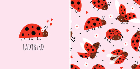 Ladybird greeting card with cute red bug and seamless pattern. Vector illustration of ladybug with hearts and flowers for kids textile, nursery decor and spring design.  © Hanna Bykova