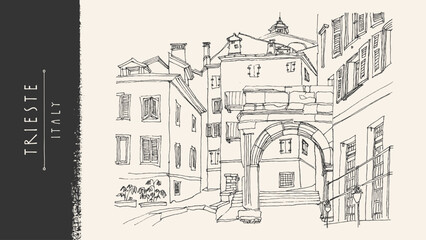 Naklejka premium Trieste Italy sketch. City buildings architecture, street landscape. Vintage Italian illustration, hand drawn vector line art. Ancient town, postcard graphic, historic romantic European travel poster