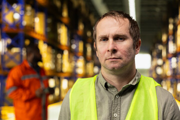Obraz premium Portrait of staff member monitoring cargo in warehouse logistics hub for supply chain order fulfillment, wearing safety vest. Man handling packages, e-commerce delivery operations.