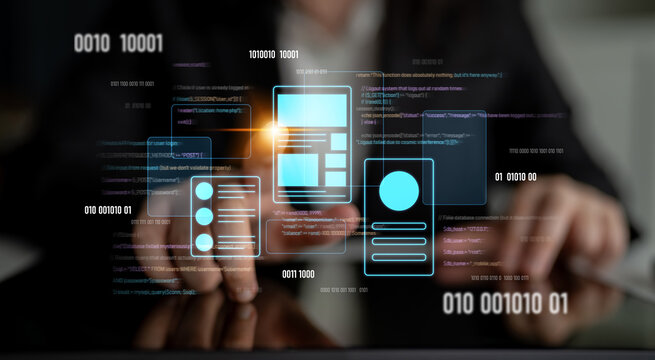 UI UX mockup showing application layout, structure, and code interface. UI design defines user flow, UI design improves clarity, UI design enhances experience, and UX design supports logic. Latch