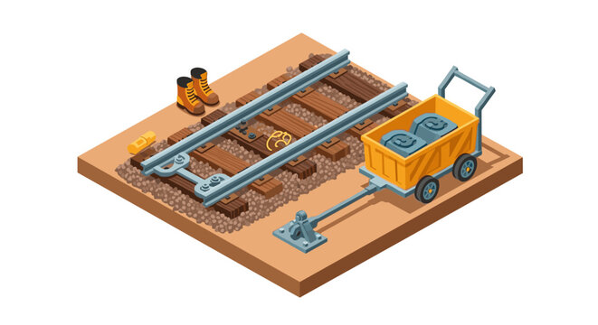 Isometric railway construction scene with tools and equipment on rails