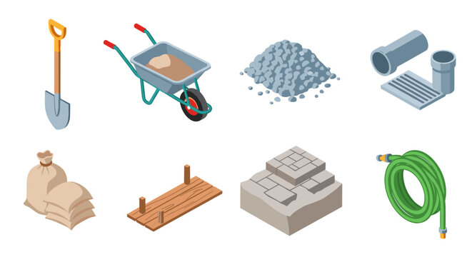 Isometric construction tools and materials set with shovel, wheelbarrow, and concrete