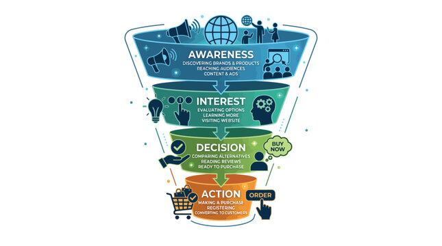 Marketing funnel diagram showing the customer journey from initial brand awareness to the final purchase action
