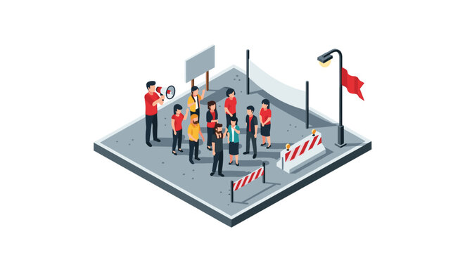 Isometric city protest scene with diverse group and signs