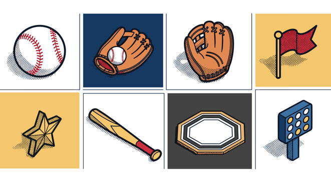 Vintage sports equipment collection featuring baseball and golf in pop art style