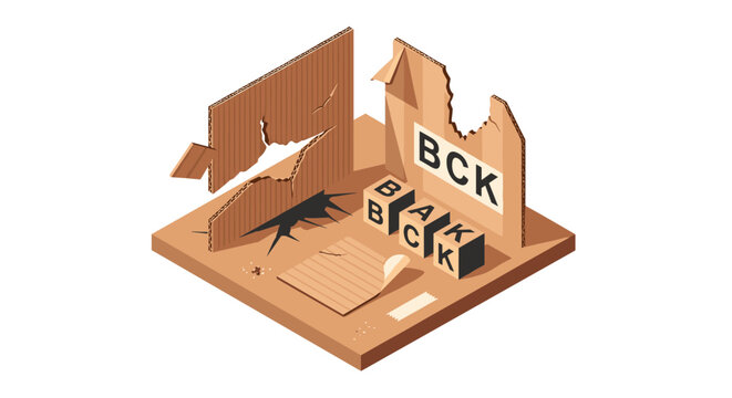 Torn cardboard with bck letters in isometric design
