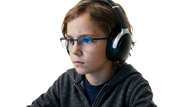 Young boy gamer or student using technology