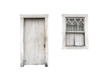Fototapeta premium Brazilian colonial architectural composition with a rustic white door and an ornate window in aged wood, transparent background, evoking Brazilian historical and cultural heritage.