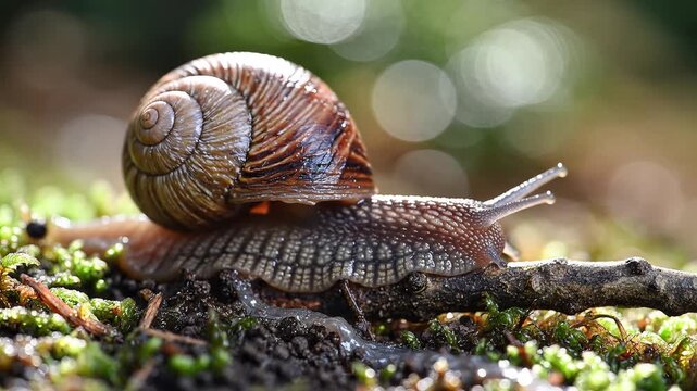 Close up of a snail slowly crawling on a mossy branch in the forest.