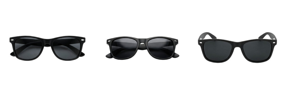 Set and collection of black plastic sunglasses isolated on white background