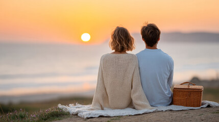 Fototapeta premium Romantic sunset beach picnic with young caucasian couple enjoying ocean view