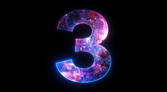 A vibrant number three filled with a cosmic galaxy pattern and glowing blue outline against a dark background.