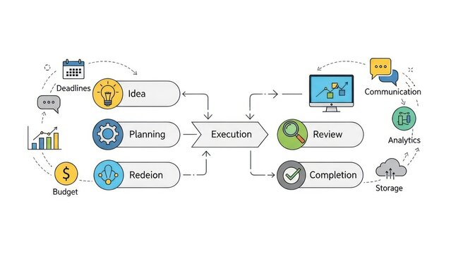 Illustration of a multi stage project workflow and process diagram for business planning and execution.