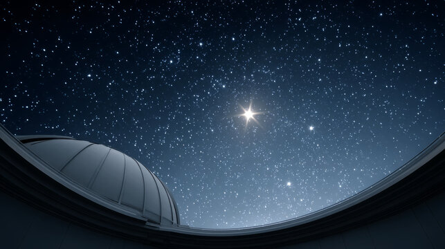 Observatory dome under starry night sky with bright shining star