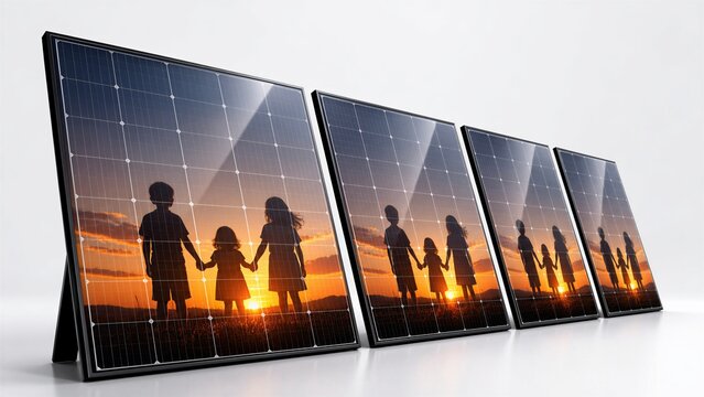 Row of four solar panels displays reflections of children's silhouettes during a warm sunset to represent sustainable energy for future generations.