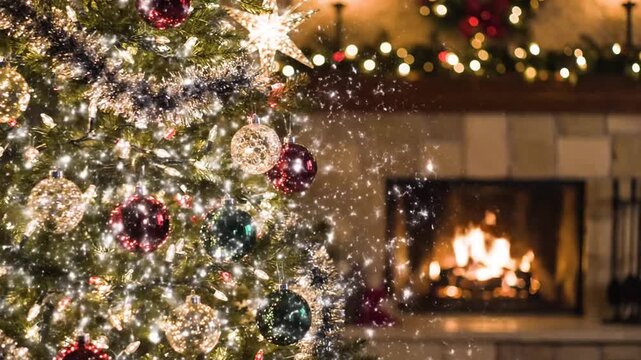Decorated Christmas Tree With Glowing Lights And Magical Sparkles In Front Of A Cozy Burning Fireplace