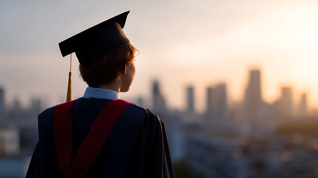 Graduate in academia regalia observe city skyline at sunset, back view, deep thought, bright future aspirations, education success achievement