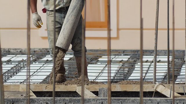 Construction worker in worn denim and work gloves pouring concrete through hose onto rebar grid, medium shot framed through steel reinforcement bars with building facade in background
