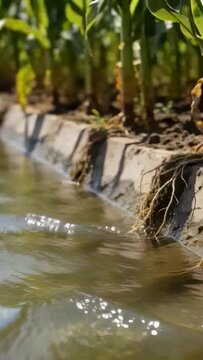 Vertical video: Irrigation system releasing water, flowing along concrete lip, watering crop stalks