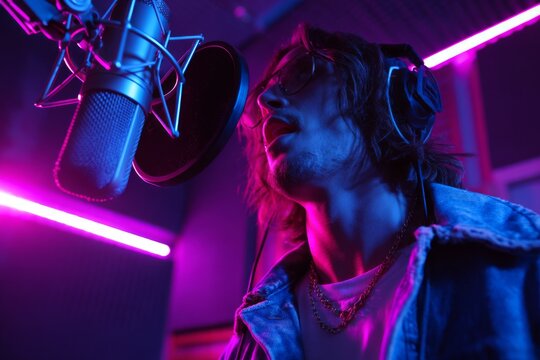 A singer records vocals in a studio with headphones and neon lighting.