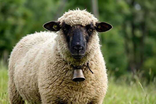Close-up portrait of black-faced domestic sheep with cowbell in green pasture