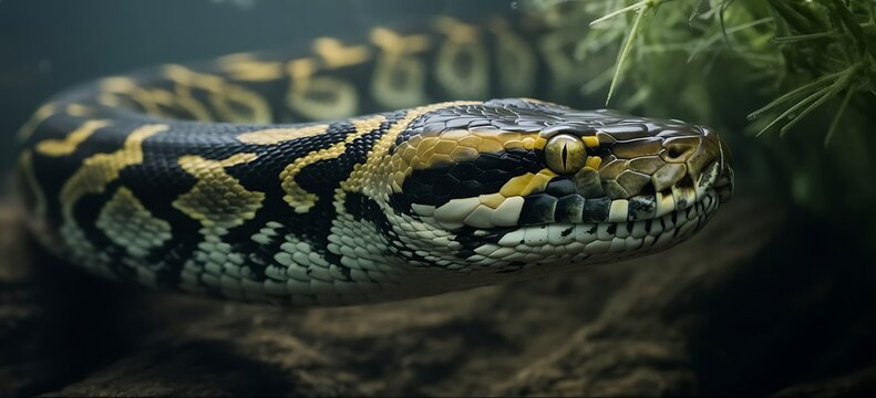 Macrophotography of detailed head of large reticulated python in dark natural habita