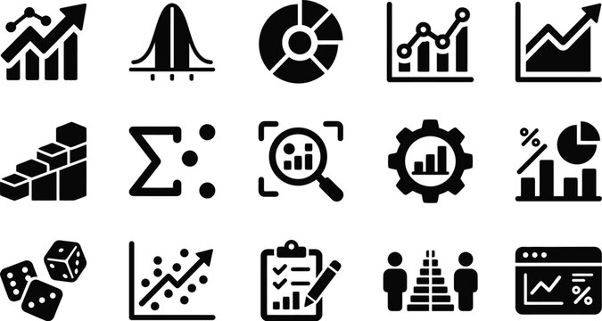 Data Analytics and Statistics Icon Set: Charts, Graphs, and Statistical Analysis Vector