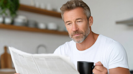 Fototapeta premium Morning routine with coffee and newspaper in a modern kitchen