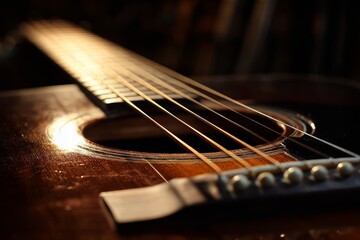 Fototapeta premium A close up view shows guitar strings crossing the sound hole in warm light.