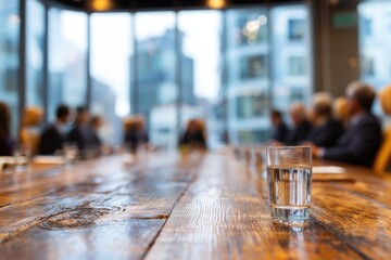 Naklejka premium Blurred meeting participants and cityscape viewed from a wooden table