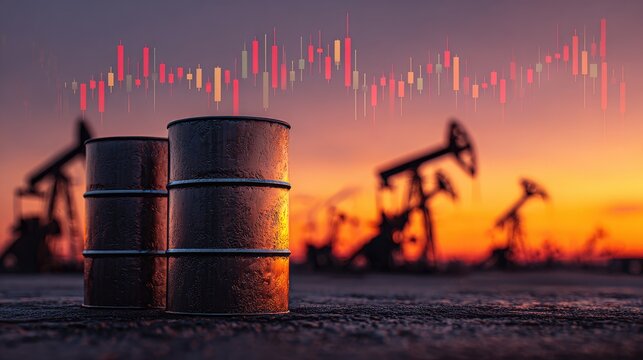 Oil barrels and pumpjacks at sunset with stock market chart