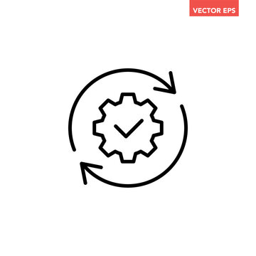 Black single round gear update confiremed line icon, simple cogwheel process flat design vector pictogram, infographic interface elements for app logo web button ui isolated on white background