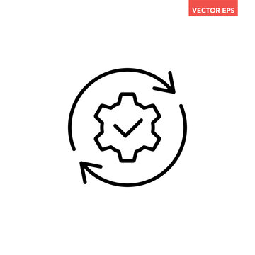 Black single round gear update confiremed line icon, simple cogwheel process flat design vector pictogram, infographic interface elements for app logo web button ui isolated on white background