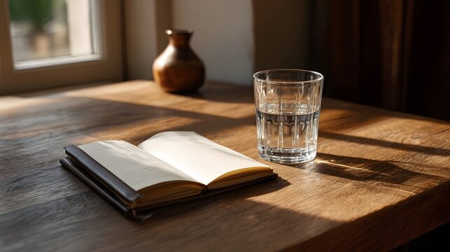 An open journal and glass of water sit on a rustic wooden table illuminated by soft natural window light evoking a calm and thoughtful atmosphere