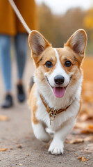 Obraz premium Happy corgi on a walk in autumn park